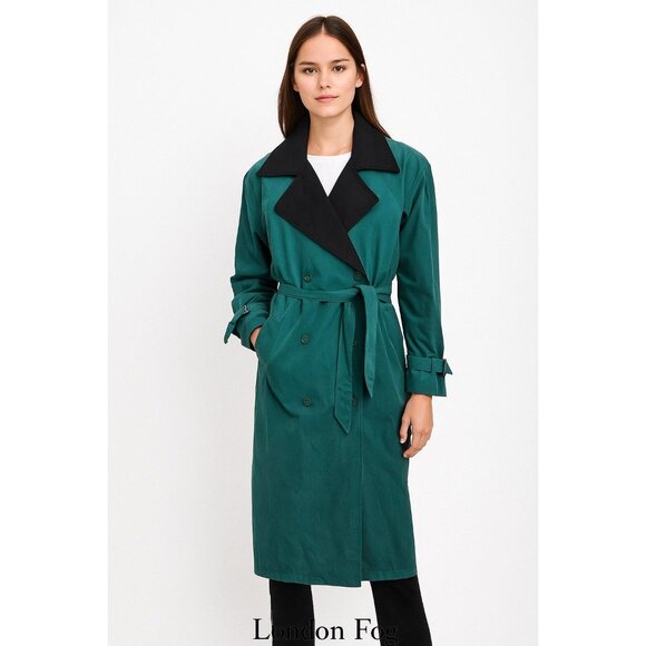 EUC London Fog Teal & Black Double Breasted Trench Coat Women’s Size 8 Rain Jack - Picture 1 of 9